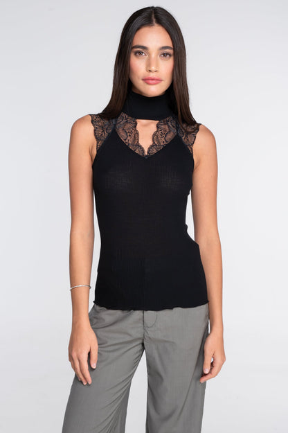 Oscalito Etna Ribbed Mock Neck Wool Tank Top With Leavers Lace