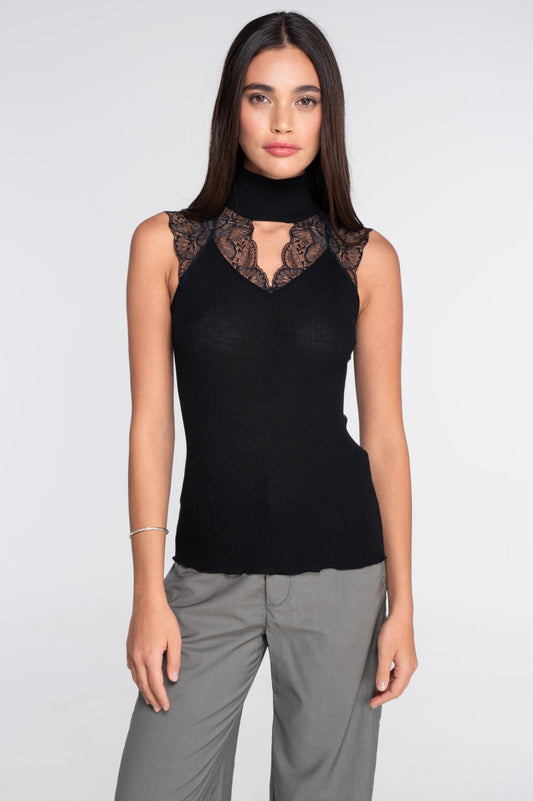 Oscalito Etna Ribbed Mock Neck Wool Tank Top With Leavers Lace