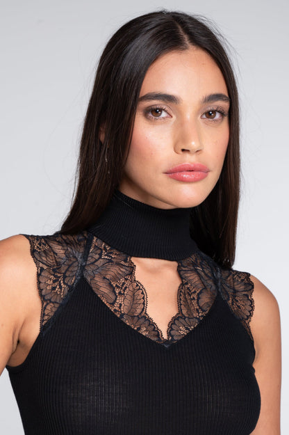Oscalito Etna Ribbed Mock Neck Wool Tank Top With Leavers Lace