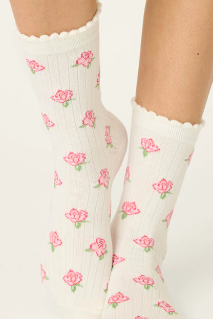 PJ Salvage Western Blooms Roses Ribbed Crew Socks