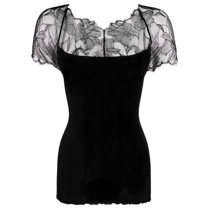 Oscalito Alicudi Ribbed Wool Silk Top With Chantilly Lace