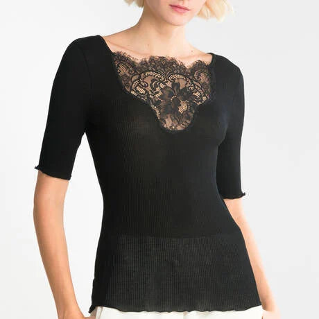 Oscalito Short Sleeve Chantilly Lace V Neck Shirt