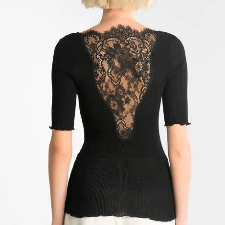 Oscalito Short Sleeve Chantilly Lace V Neck Shirt